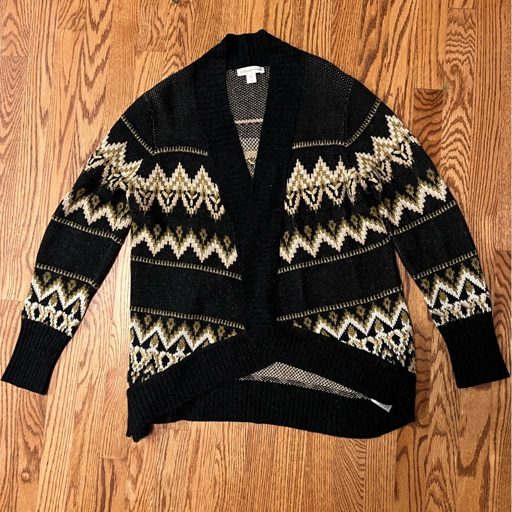 Chunky Open-Front Black Patterned Cardigan Sweater